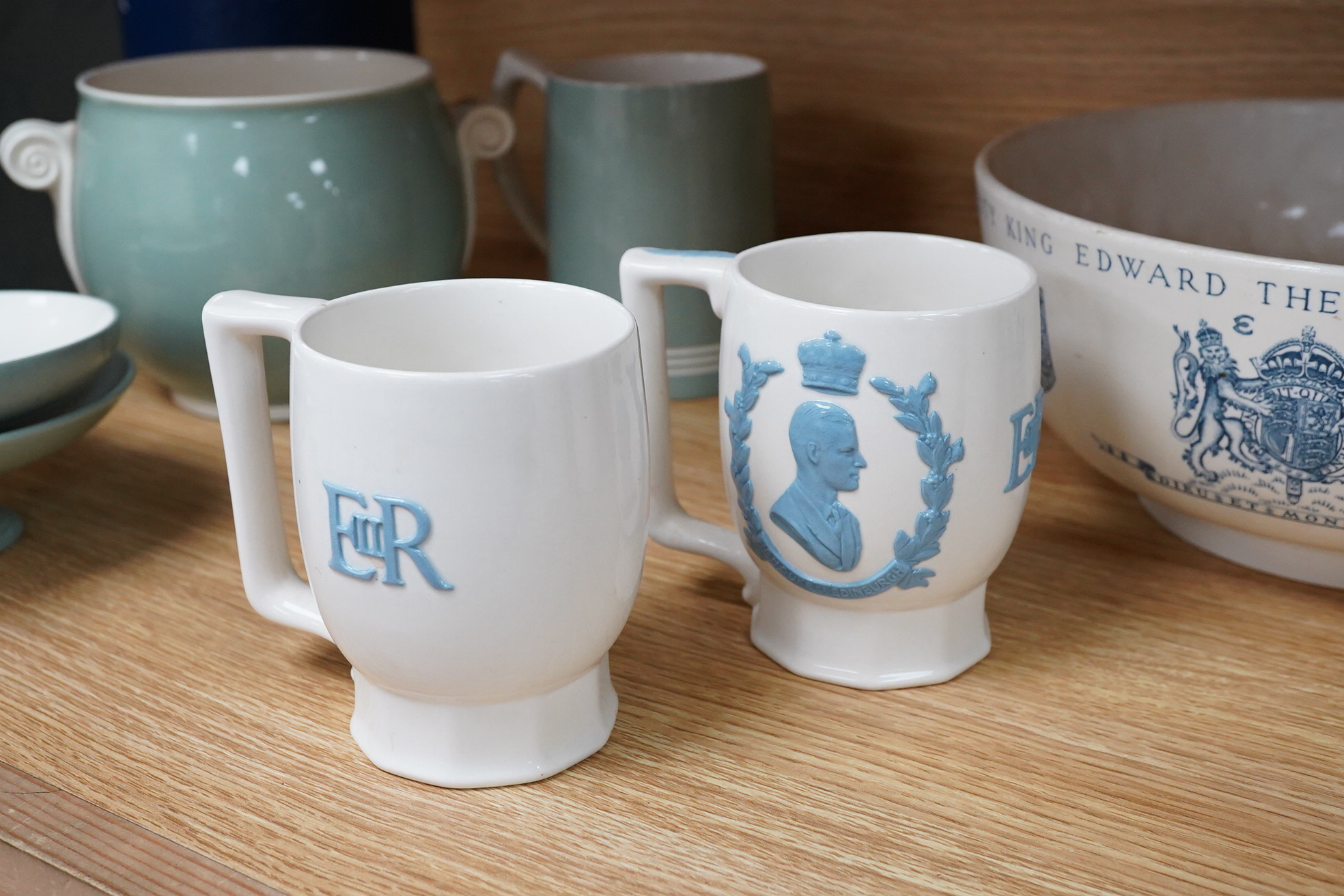 Keith Murray for Wedgwood - a Coronation bowl dated 1937 and mugs dated 1937 and 1953
